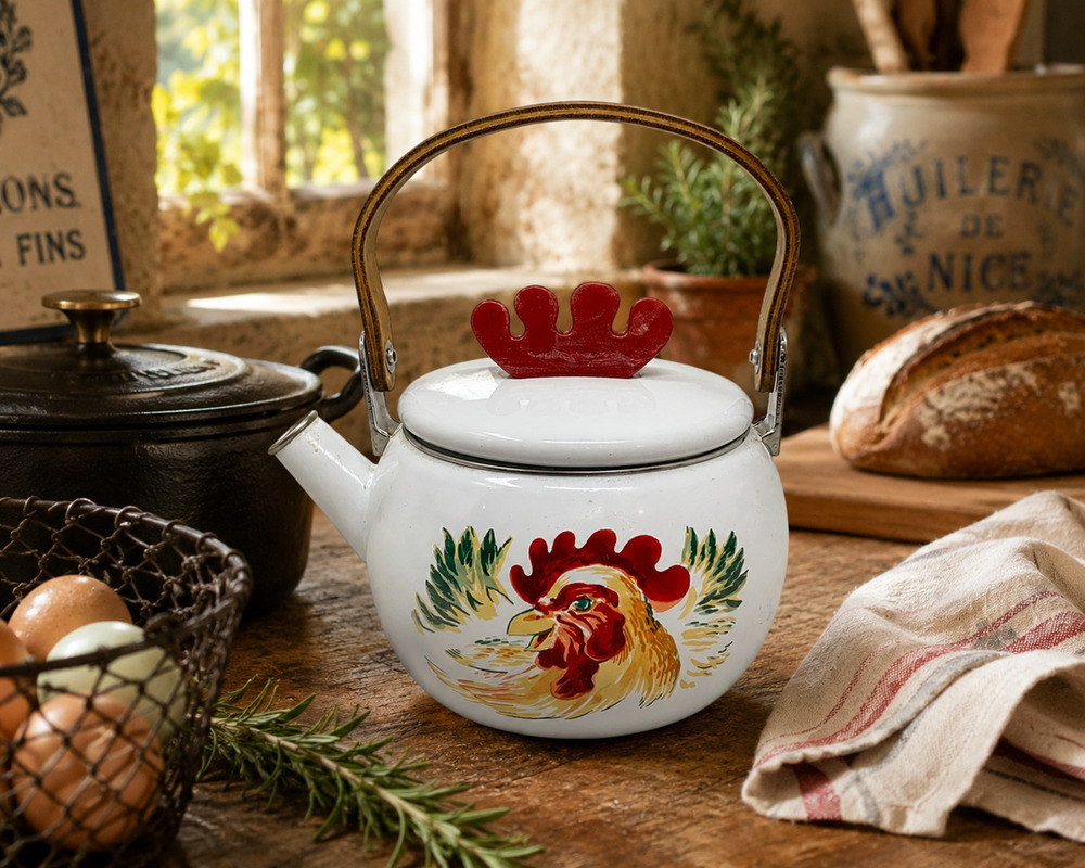 Vintage Rooster Enamel Tea Kettle White Country Farmhouse Wood Handle 8" Pot